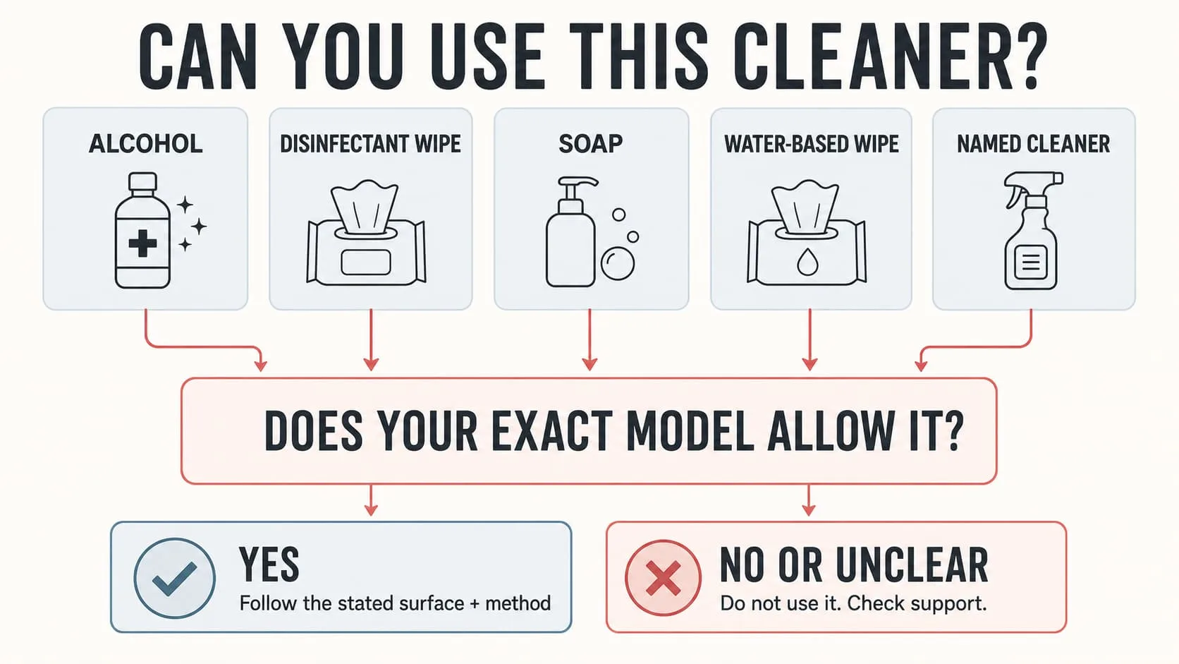 Decision guide showing that alcohol, disinfectant wipes, soap, and water should only be used when exact LED mask instructions allow them