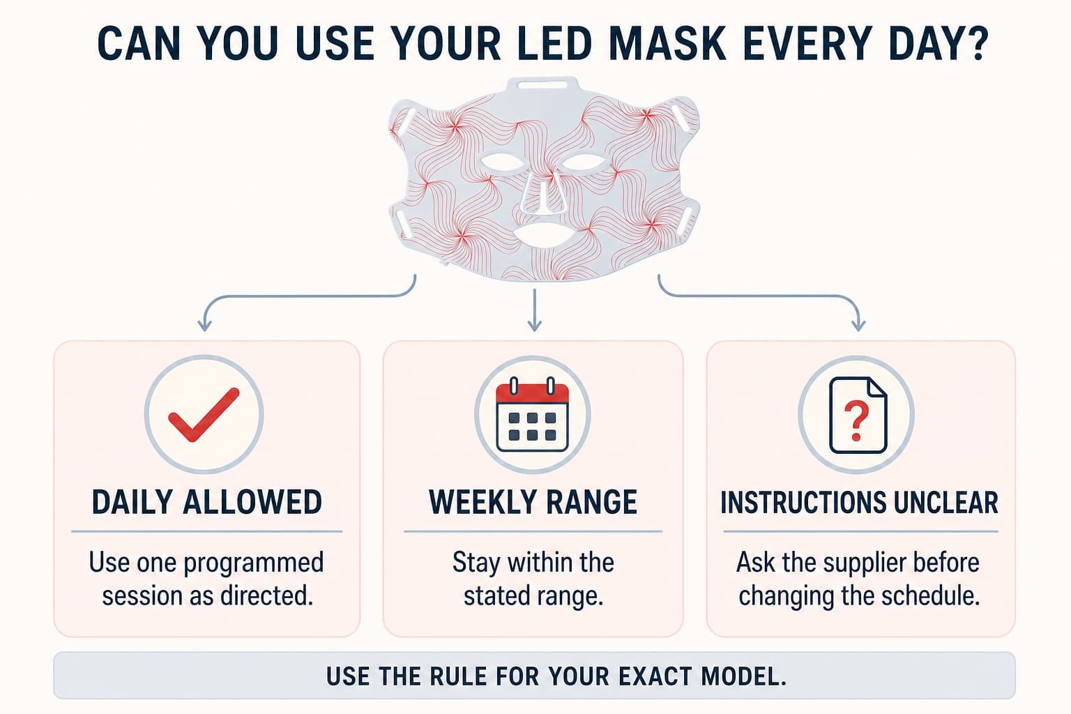 Guide de décision à usage quotidien, horaires hebdomadaires, et des instructions peu claires sur le masque facial à LED