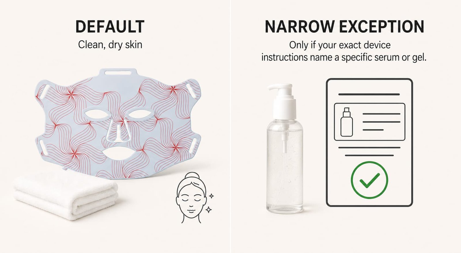 G15 LED face mask illustrating clean, dry skin as the default, contrasted with a conditional exception for a device-named serum or gel