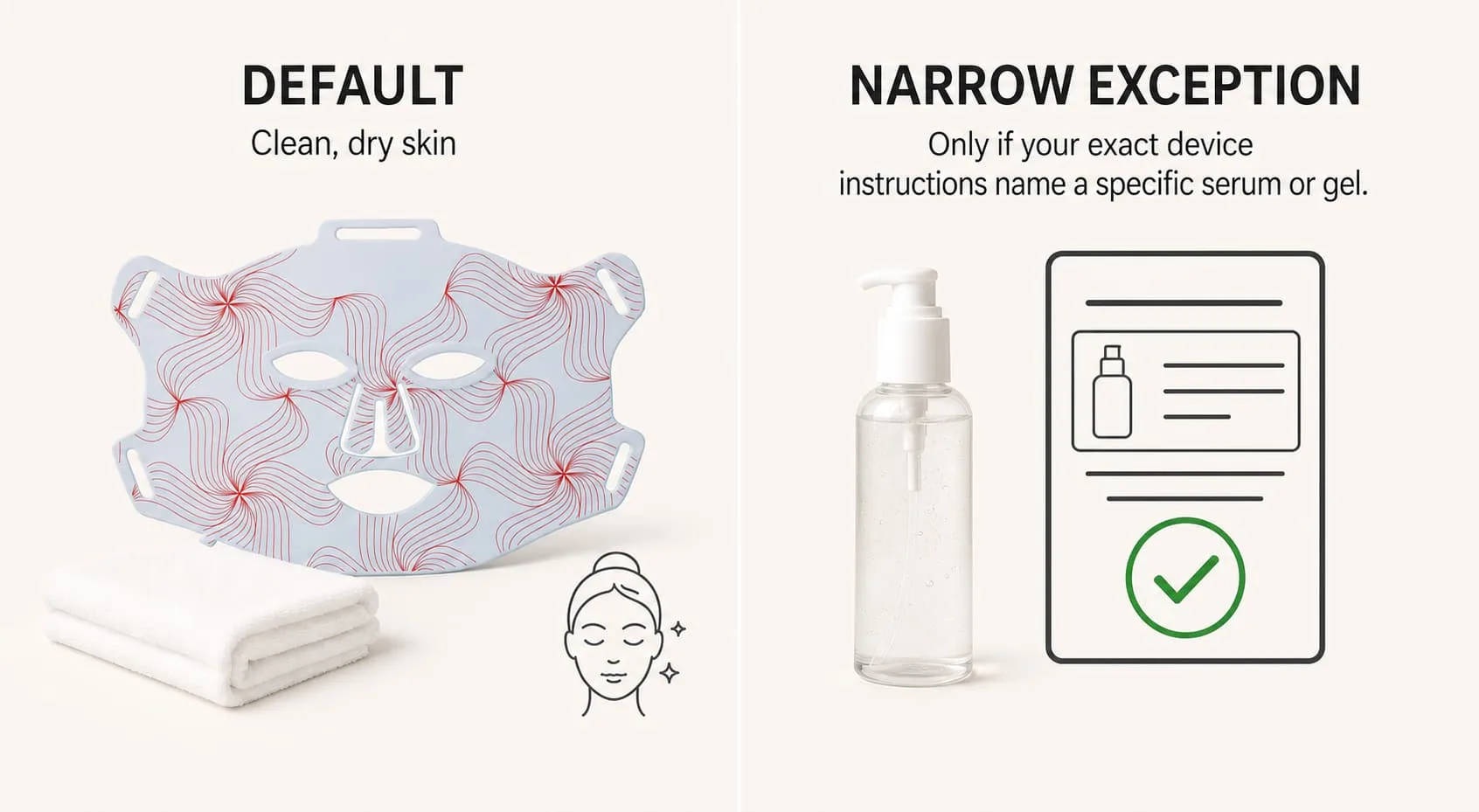 G15 LED face mask illustrating clean, dry skin as the default, contrasted with a conditional exception for a device-named serum or gel