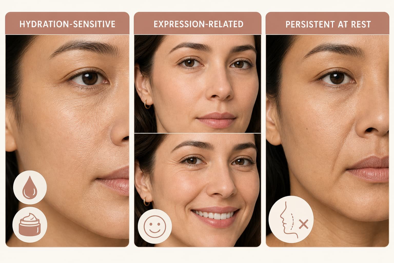 Comparison of surface dehydration lines, early expression-related fine lines, and persistent static folds