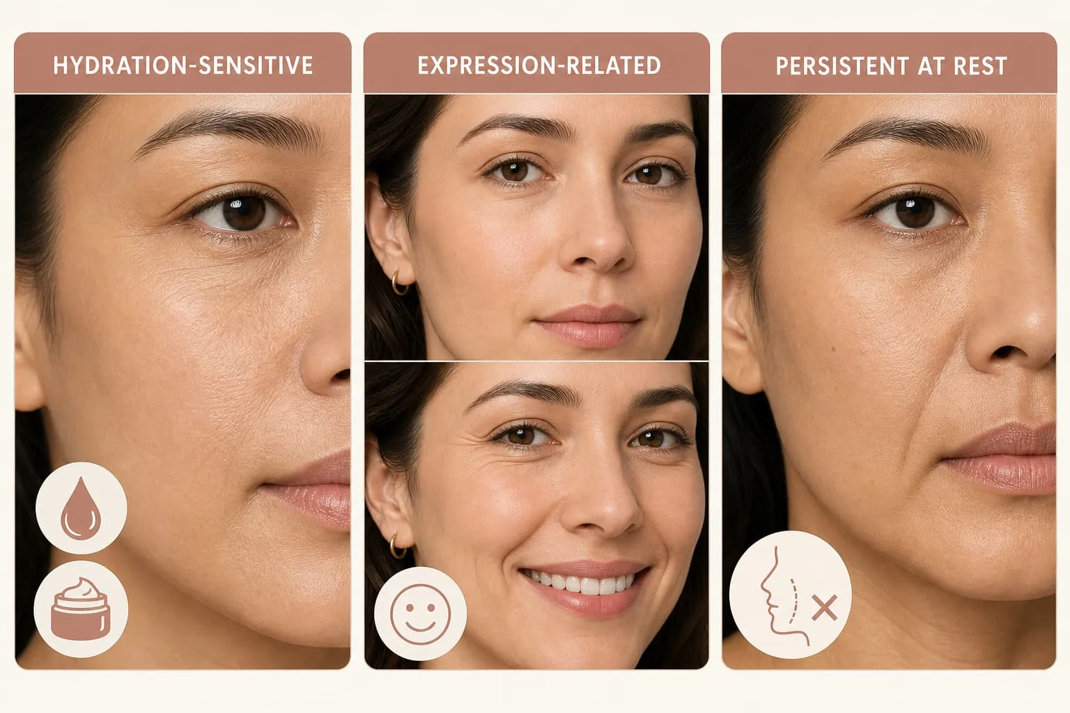 Comparison of surface dehydration lines, early expression-related fine lines, and persistent static folds
