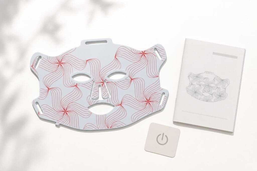 G15 LED face mask beside its exact-model instructions and a power-off symbol before cleaning