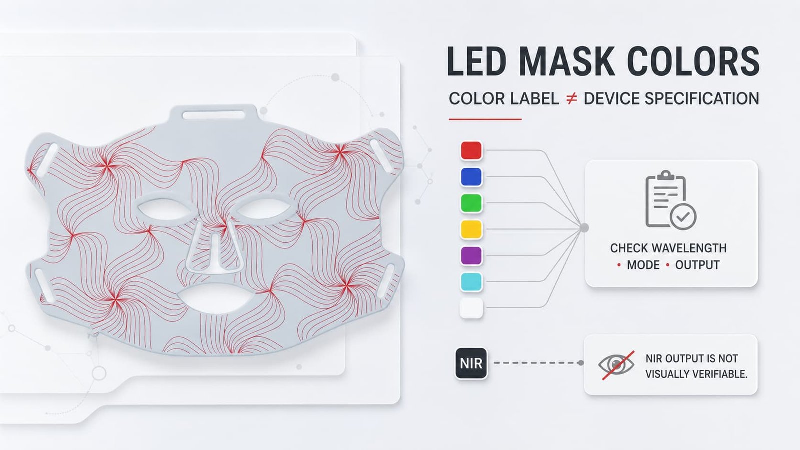 LED-gezichtsmasker met zichtbare kleurlabels en een prompt om de exacte golflengte en modus te controleren