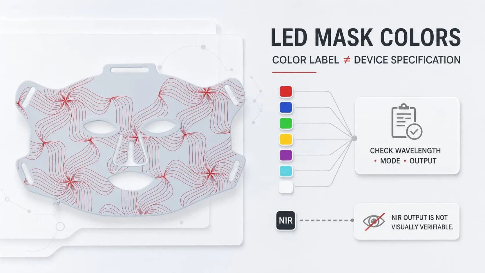 LED-Gesichtsmaske mit sichtbaren Farbetiketten und einer Aufforderung zur Überprüfung der genauen Wellenlänge und des Modus