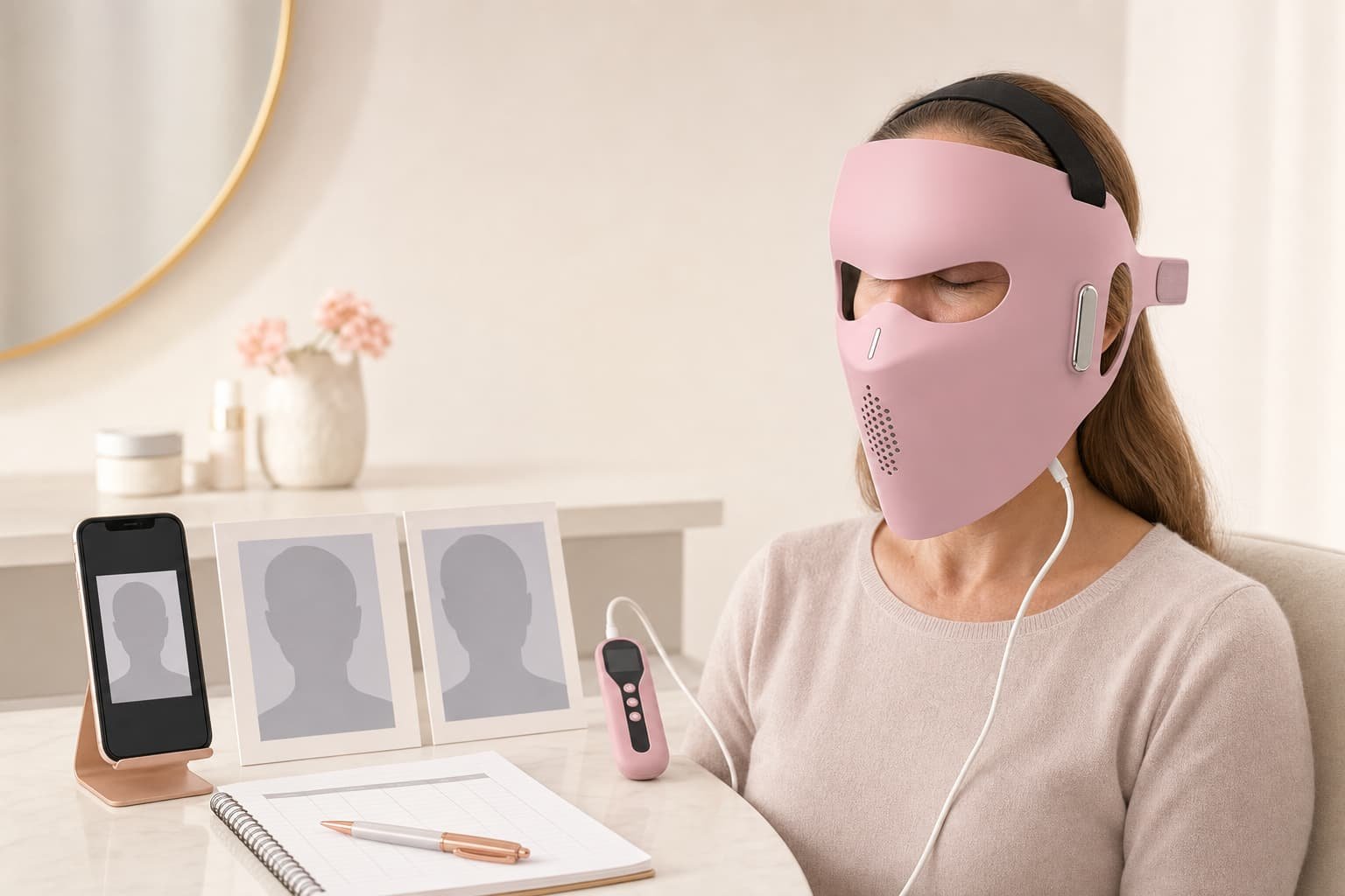 Woman wearing a pink LED face mask beside a phone, reference-photo cards, and a tracking notebook