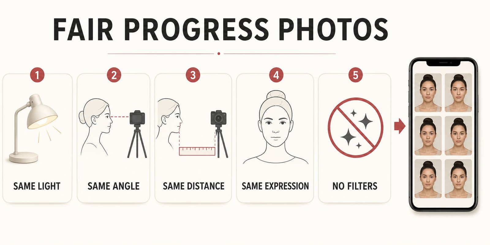 Five-point checklist for LED mask progress photos: same light, camera angle, afstand, expression, and no filters