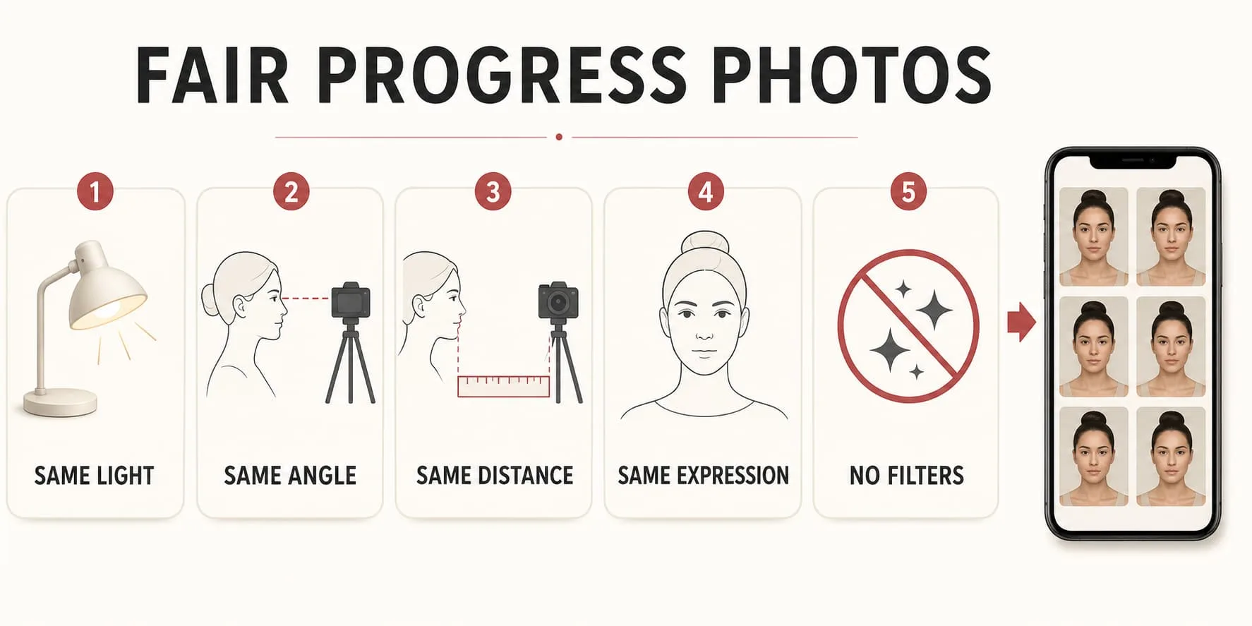 Five-point checklist for LED mask progress photos: same light, camera angle, distancia, expression, and no filters