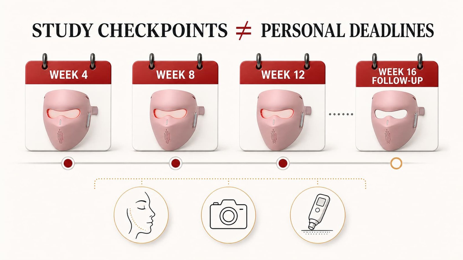 Comparison of LED mask study checkpoints at 4, 8, 12, En 16 weeks with device and outcome limitations