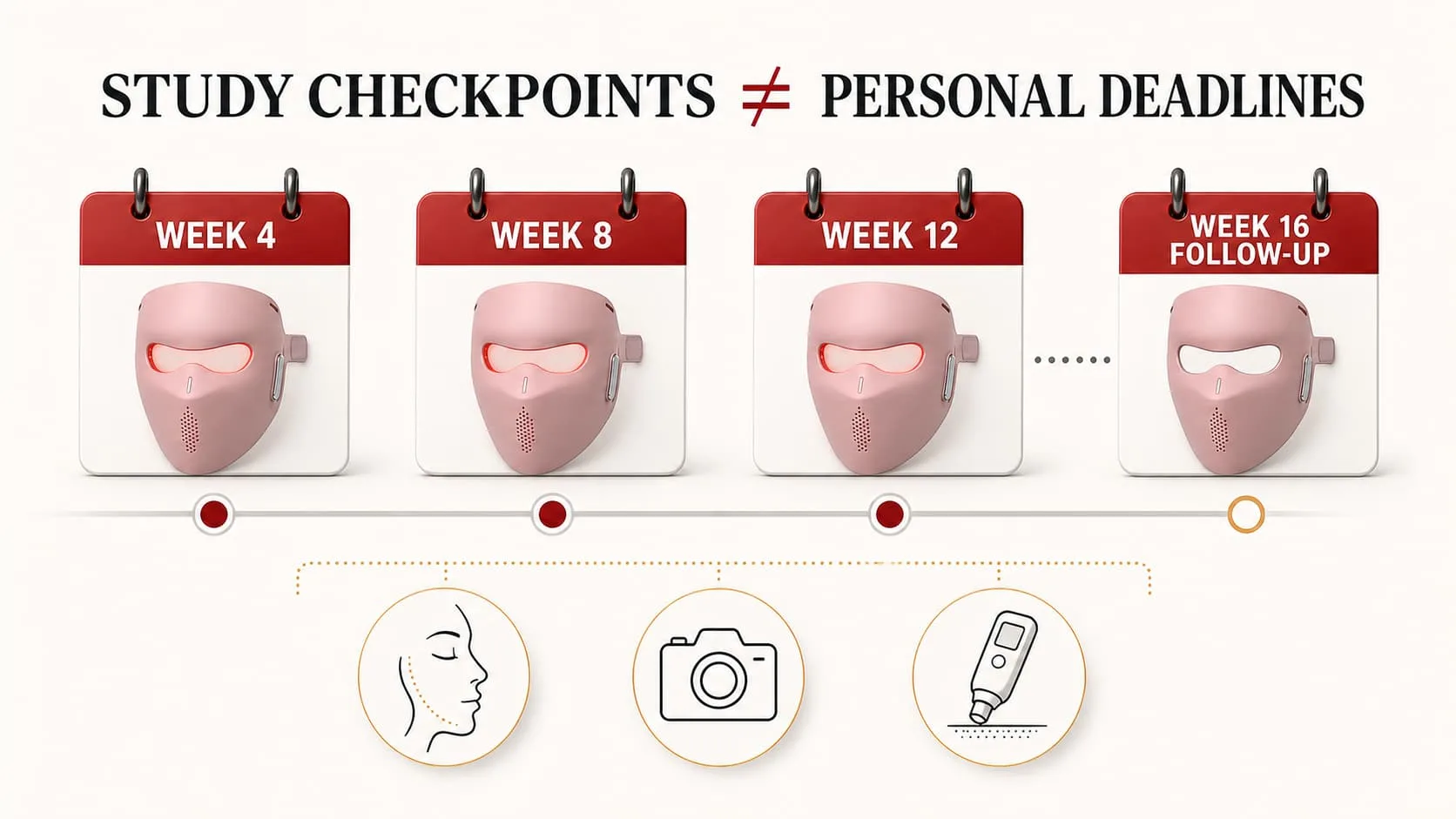 Comparison of LED mask study checkpoints at 4, 8, 12, y 16 weeks with device and outcome limitations