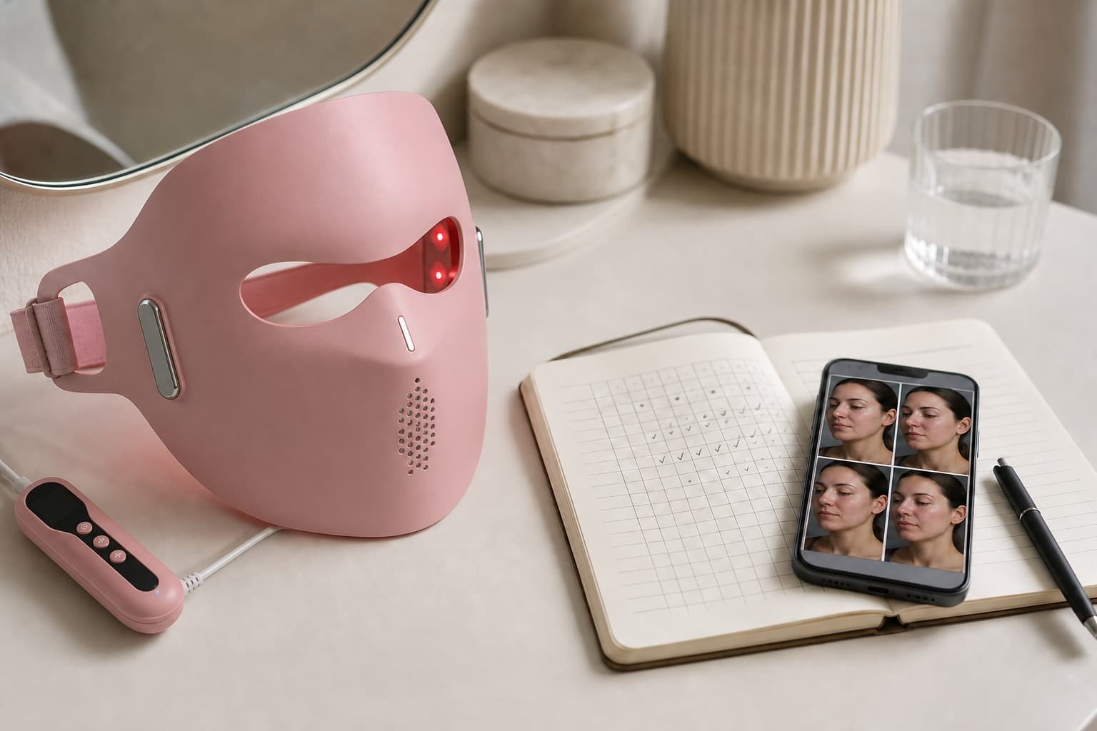 Pink LED face mask with controller beside a progress log and standardized facial photographs