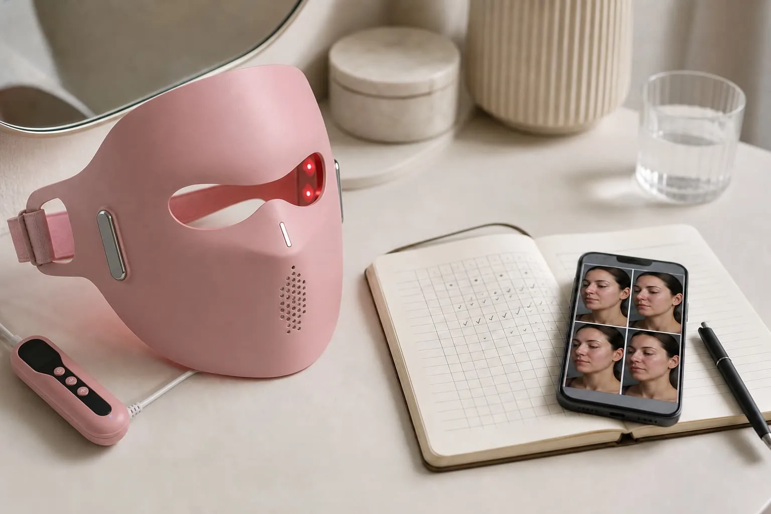 Pink LED face mask with controller beside a progress log and standardized facial photographs