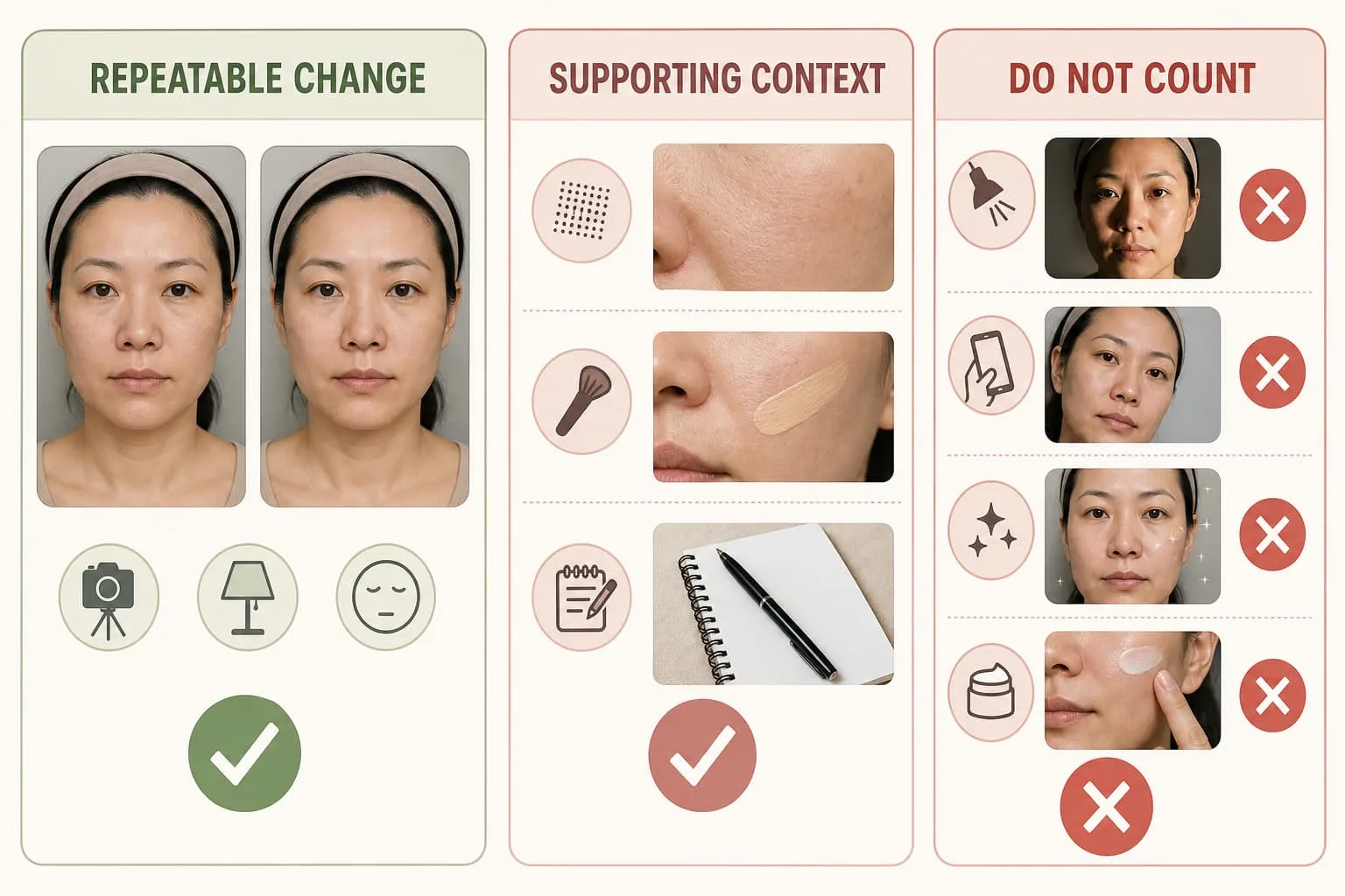 Checklist separating repeatable fine-line changes from moisturizer plumping and photography differences