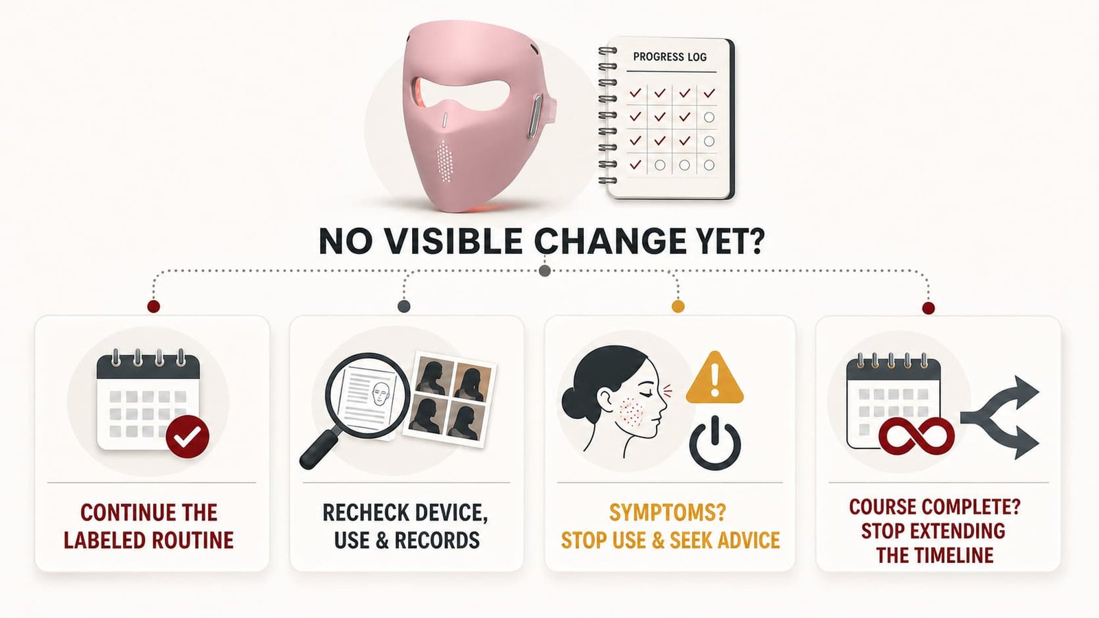 Decision path for continuing, rechecking, stopping for symptoms, or ending the timeline when an LED mask shows no visible change