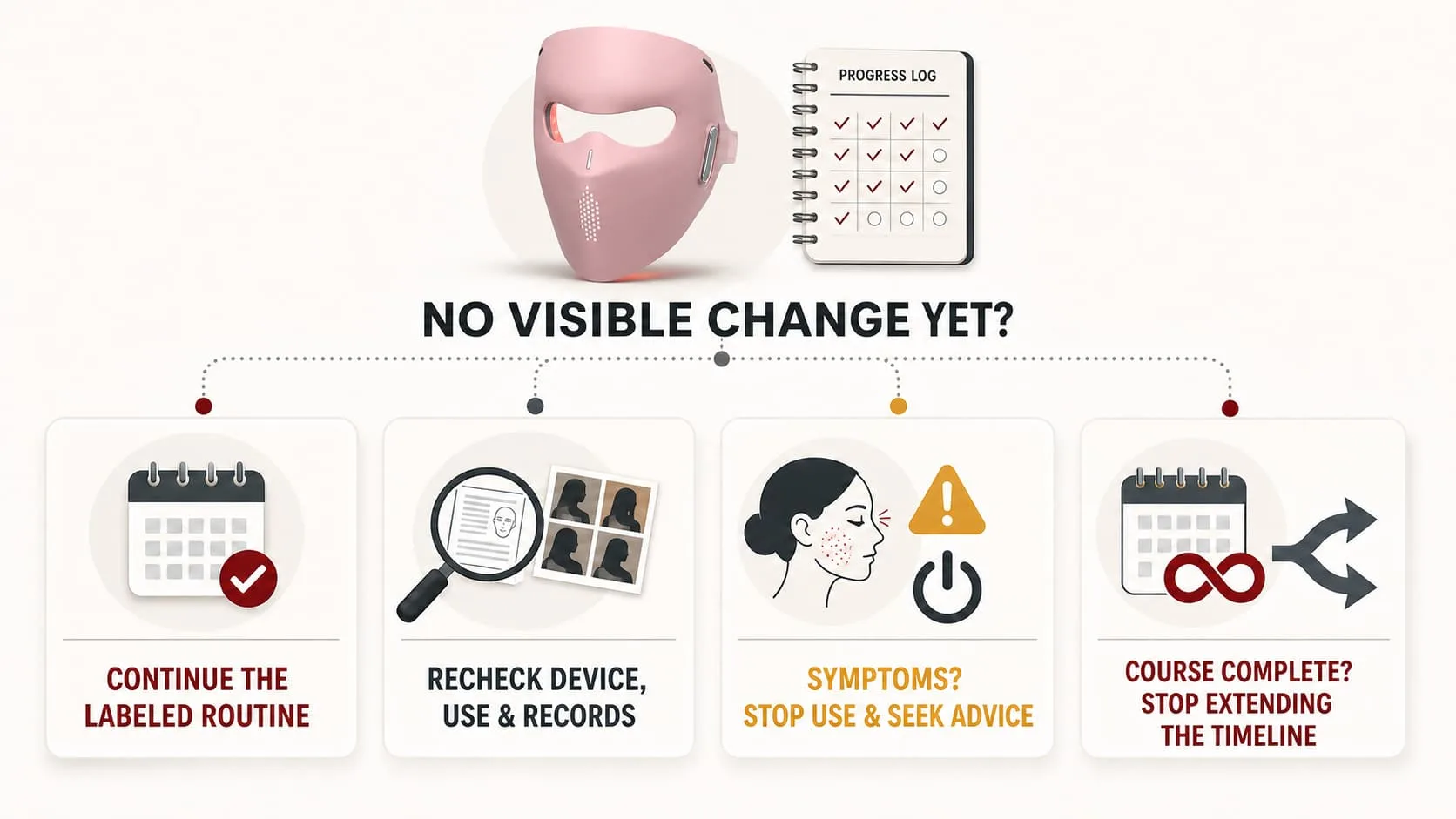 Decision path for continuing, rechecking, stopping for symptoms, or ending the timeline when an LED mask shows no visible change
