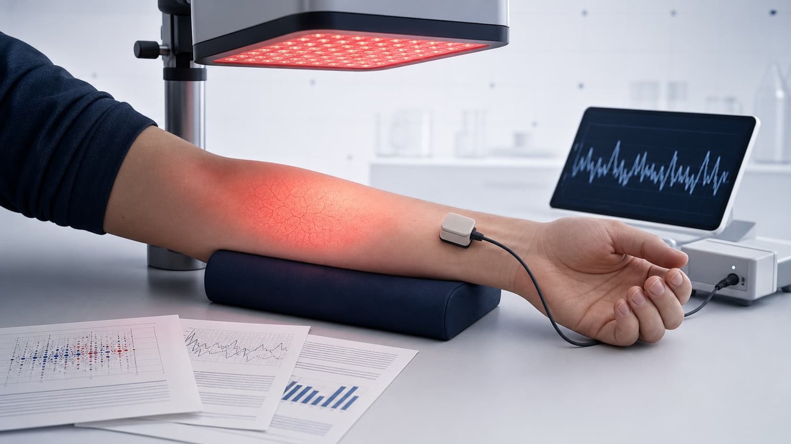 Forearm under a red light panel with a local perfusion sensor and research data