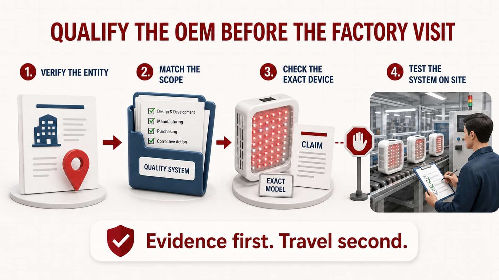 Red light therapy OEM qualification path from legal entity and certificate scope to exact-device evidence and factory-floor verification