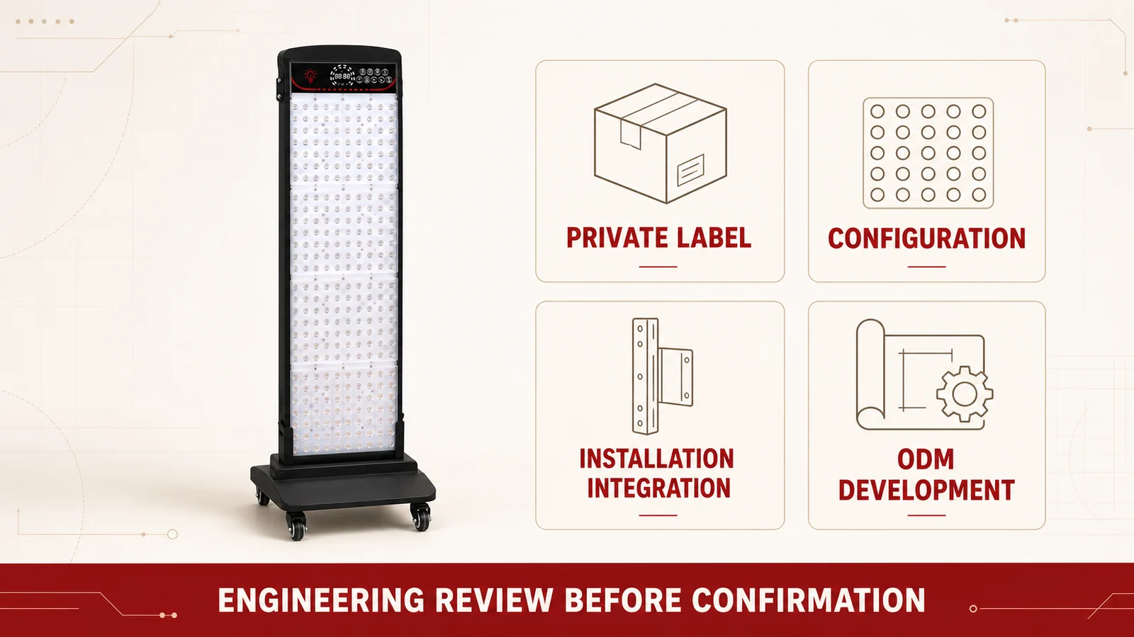 SL280 OEM and ODM infographic showing private label, configuration, installation integration, and ODM development options subject to engineering review before confirmation
