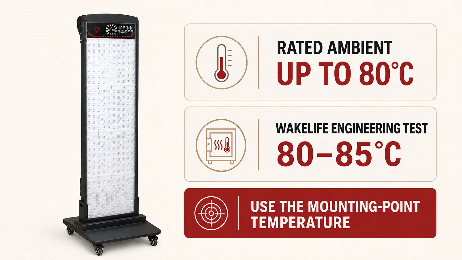 SL280 temperature infographic showing rated ambient operation up to 80°C, Wakelife engineering testing at 80–85°C, and mounting-point temperature review