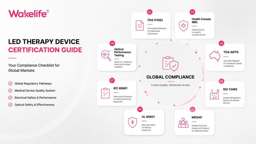 LED therapy device certification checklist showing FDA 510(k), Health Canada MDL, TGA ARTG, ISO 13485, Mdsap, Ul 60601, IEC 60601, and optical performance testing for global market compliance.