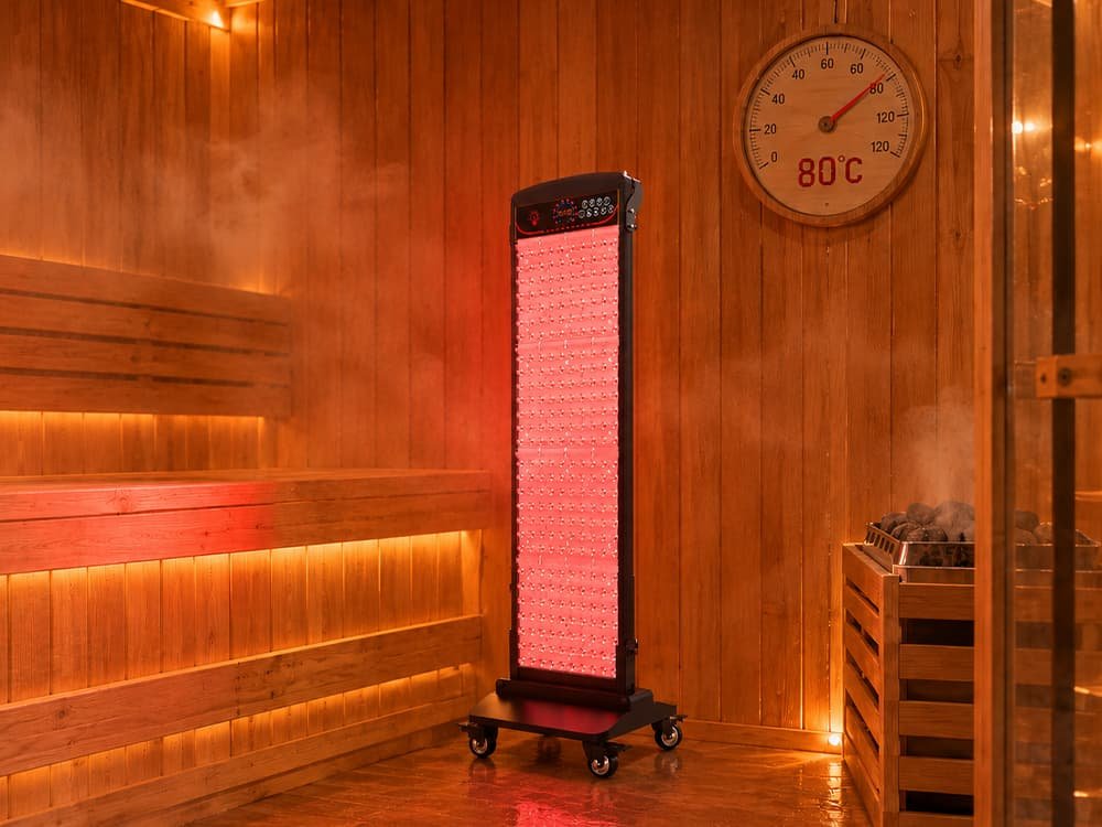 Wakelife SL280 sauna red light panel operating in an 80 degree Celsius environment