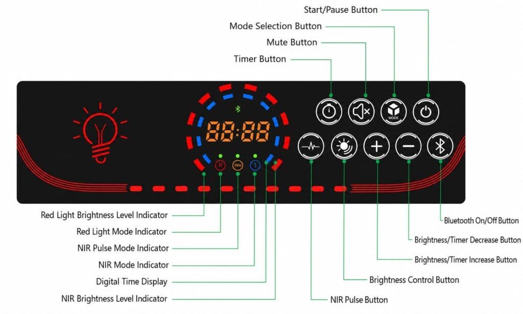 Wakelife SL280 control panel showing English button labels, mode indicators, brightness controls, timer, pulse, mute, and Bluetooth functions