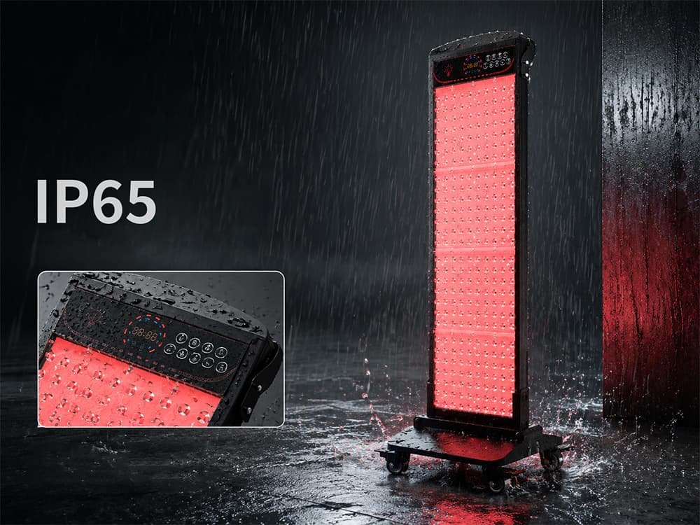 Wakelife SL280 IP65 water-resistant sauna red light panel under a water spray test