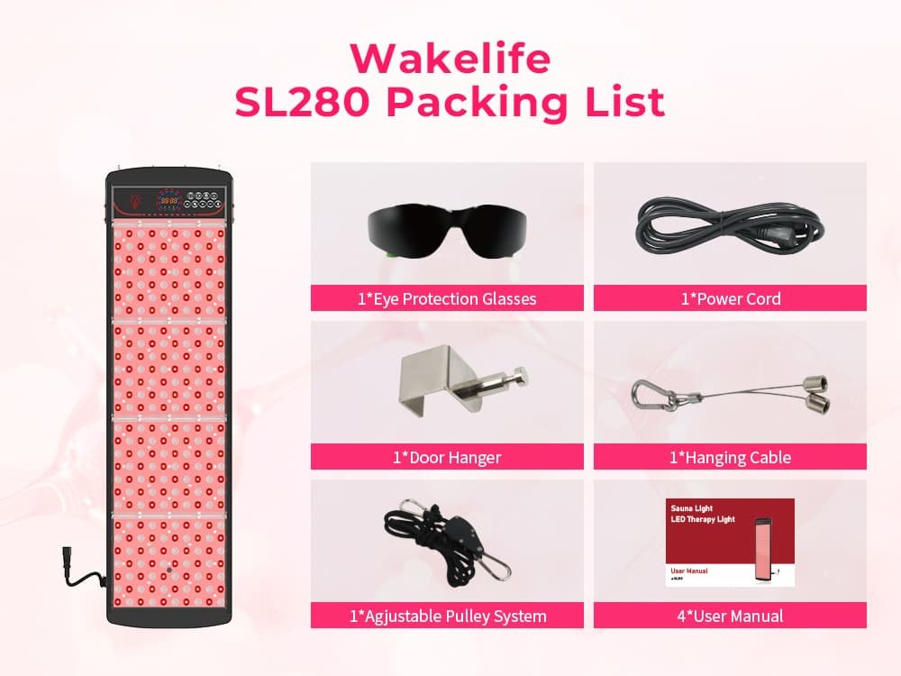 Wakelife SL280 packing list with eye protection glasses, power cord, door hanger, hanging cable, pulley system, and user manuals