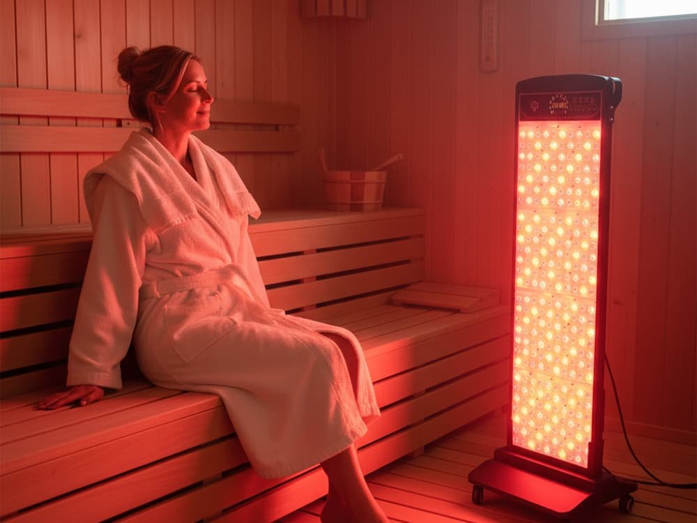 Woman using the Wakelife SL280 sauna red light panel while seated in a sauna