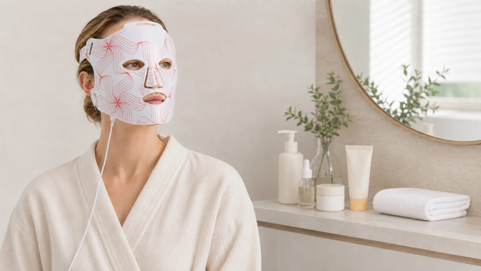 Person wearing a Wakelife LED face mask beside cleanser, serum, moisturizer, and sunscreen