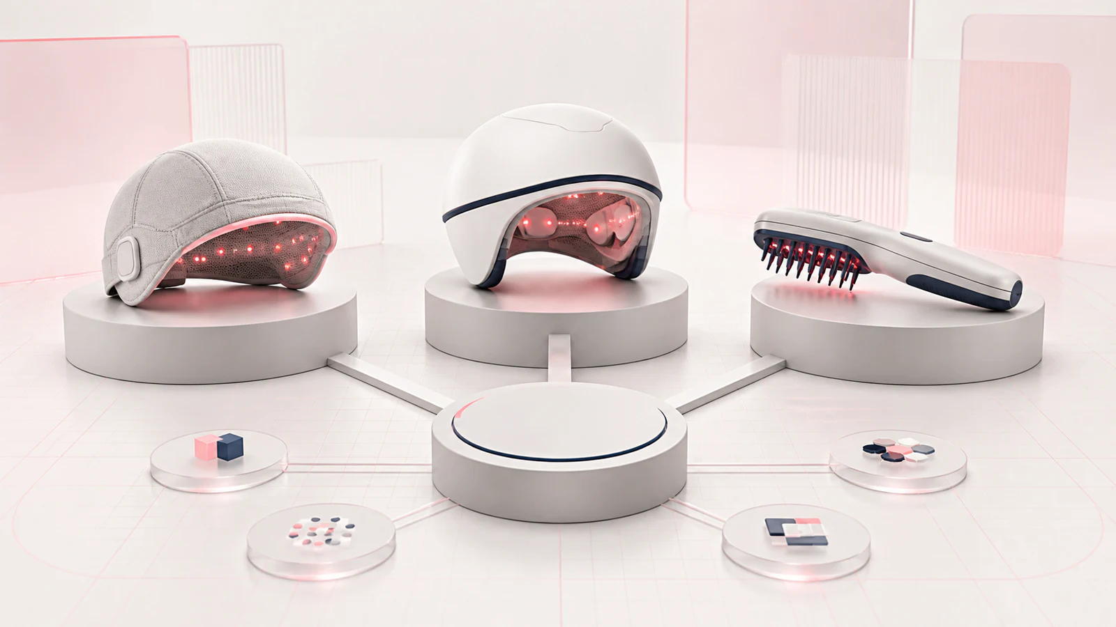 Generic hair-growth cap, helmet and comb on equal pedestals connected to a neutral buyer decision hub