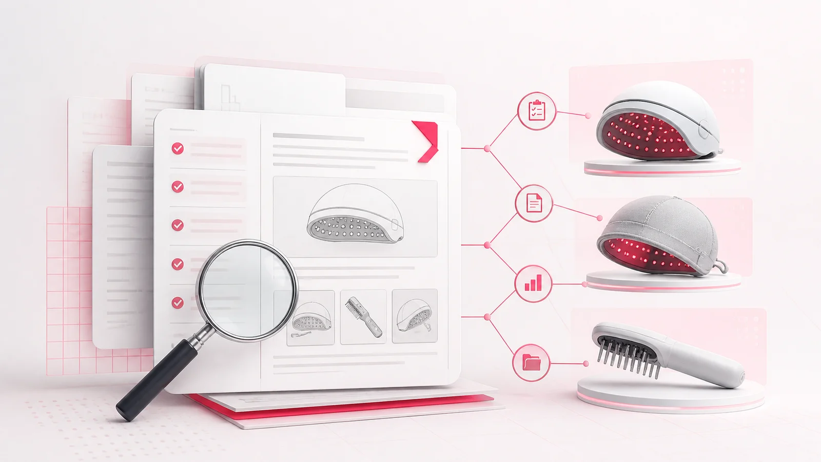 Regulatory dossier linking a hair-growth helmet, soft cap and comb to an exact-device verification workflow