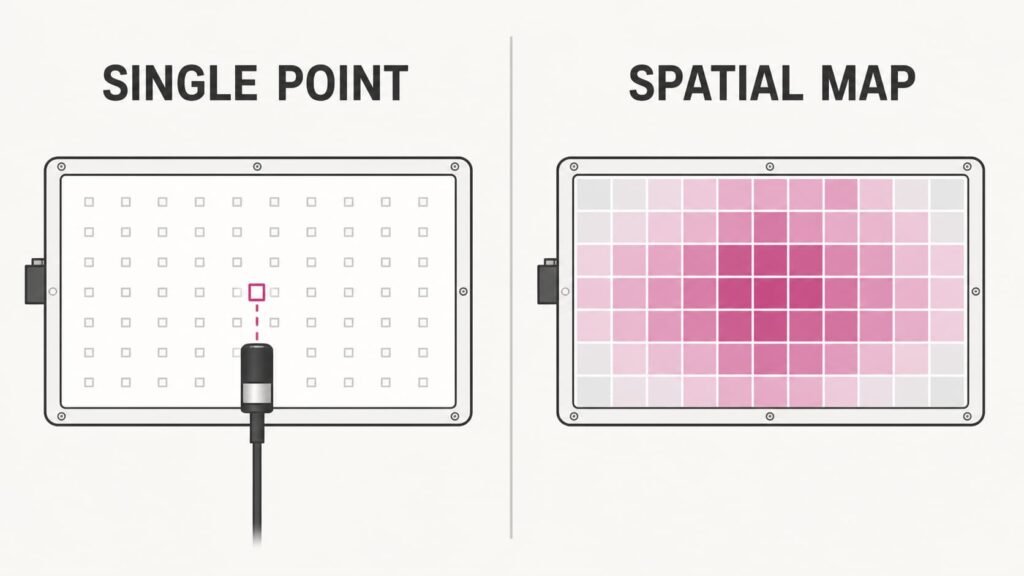 Concept diagram comparing one optical measurement point with a multi-position spatial output map