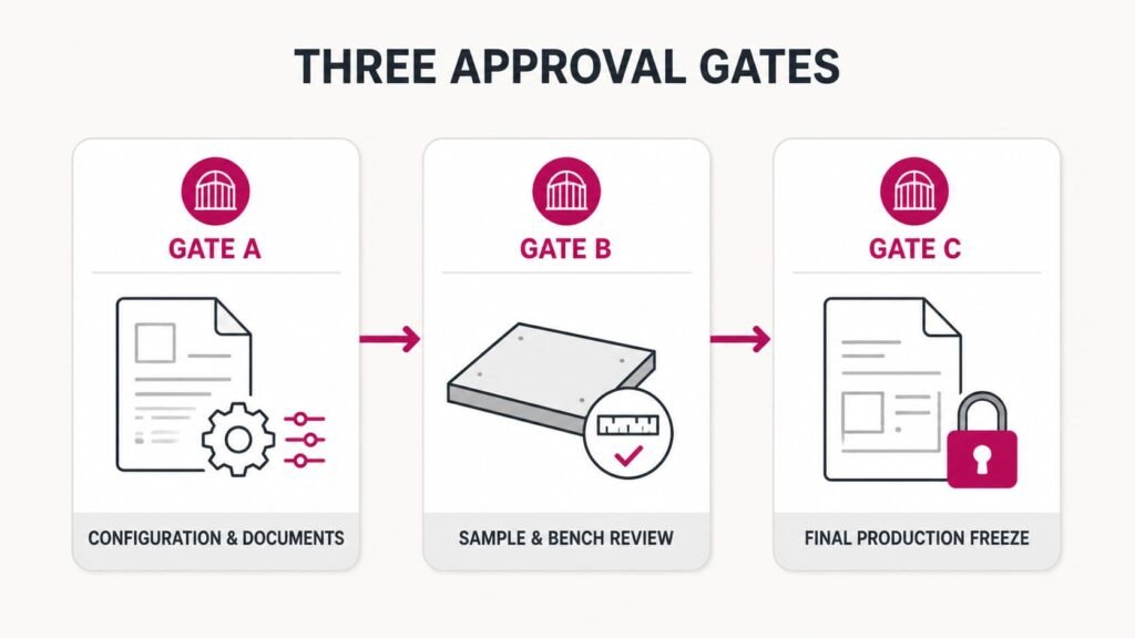 Three-gate UVB panel sourcing workflow covering configuration documents, sample bench review and final production freeze