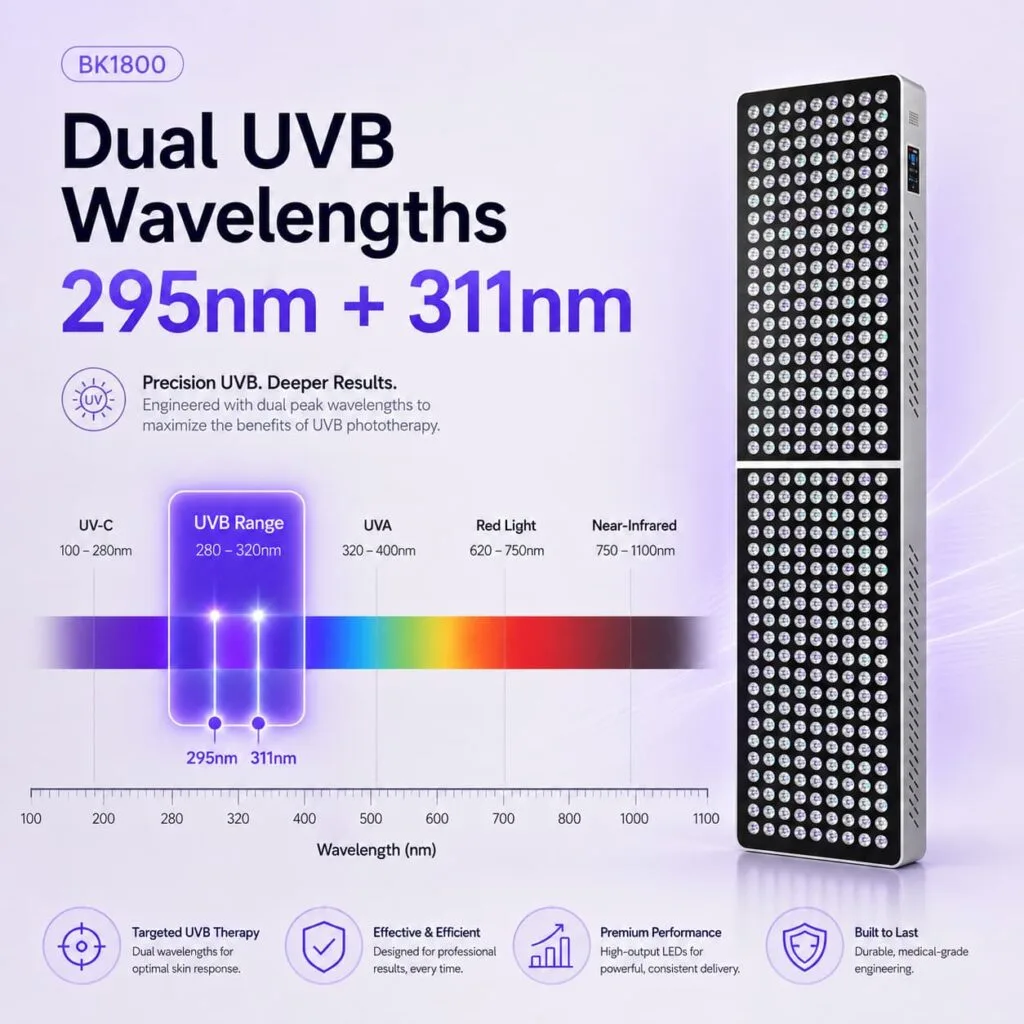 Wakelife BK1800 large-area UVB tanning panel featuring dual 295nm and 311nm wavelengths
