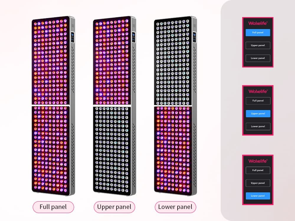 Wakelife BK1800 zoned UVB tanning panel showing full-panel, upper-panel and lower-panel operating modes.