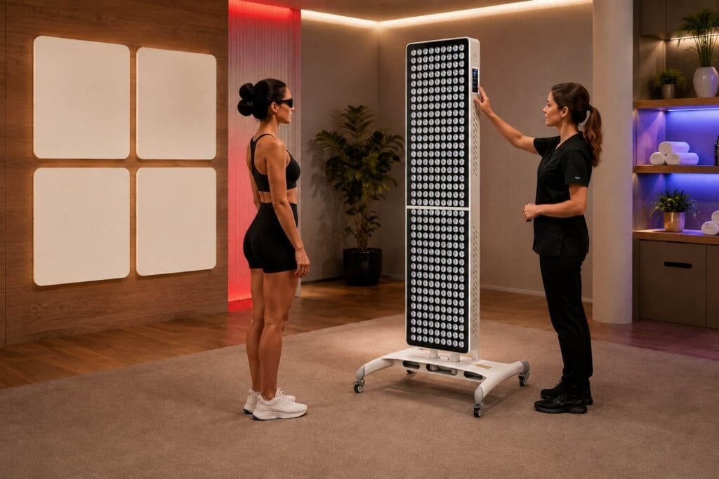 Panel de bronceado UVB de gran superficie Wakelife BK1800 con soporte móvil en un estudio de bienestar profesional