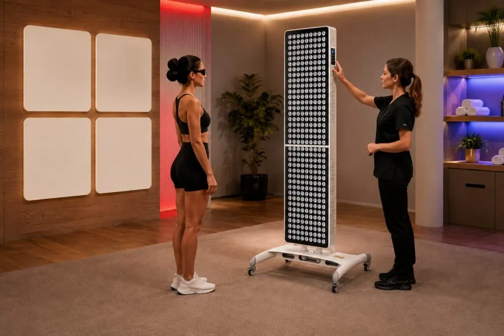 Wakelife BK1800 large-area UVB tanning panel with mobile stand in a professional wellness studio