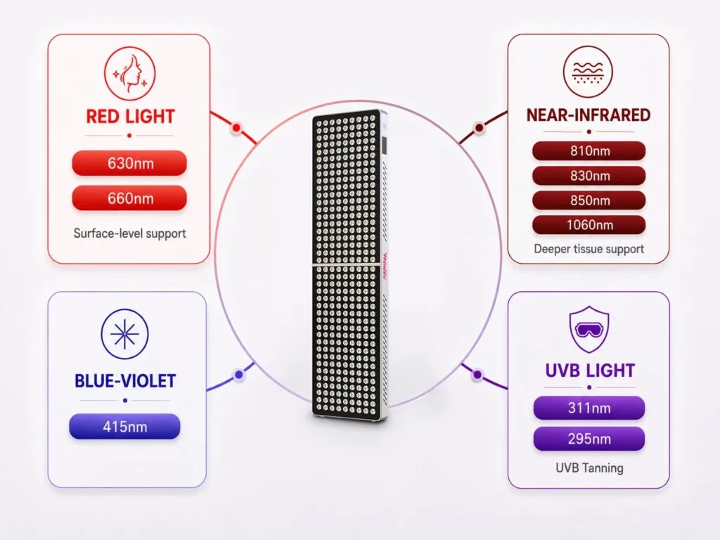 Wakelife BK1800 tanning panel featuring 295nm and 311nm UVB, 415nm blue-violet, 630nm and 660nm red, and 810nm, 830nm, 850nm and 1060nm infrared wavelengths.
