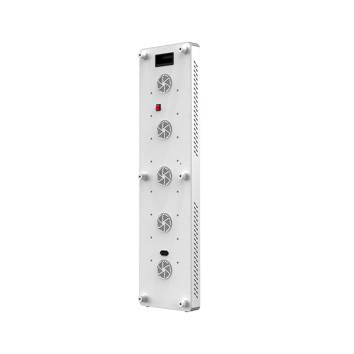 Vista trasera de tres cuartos del panel de bronceado UVB Wakelife BK1800 que muestra cinco ventiladores de refrigeración y controles de energía