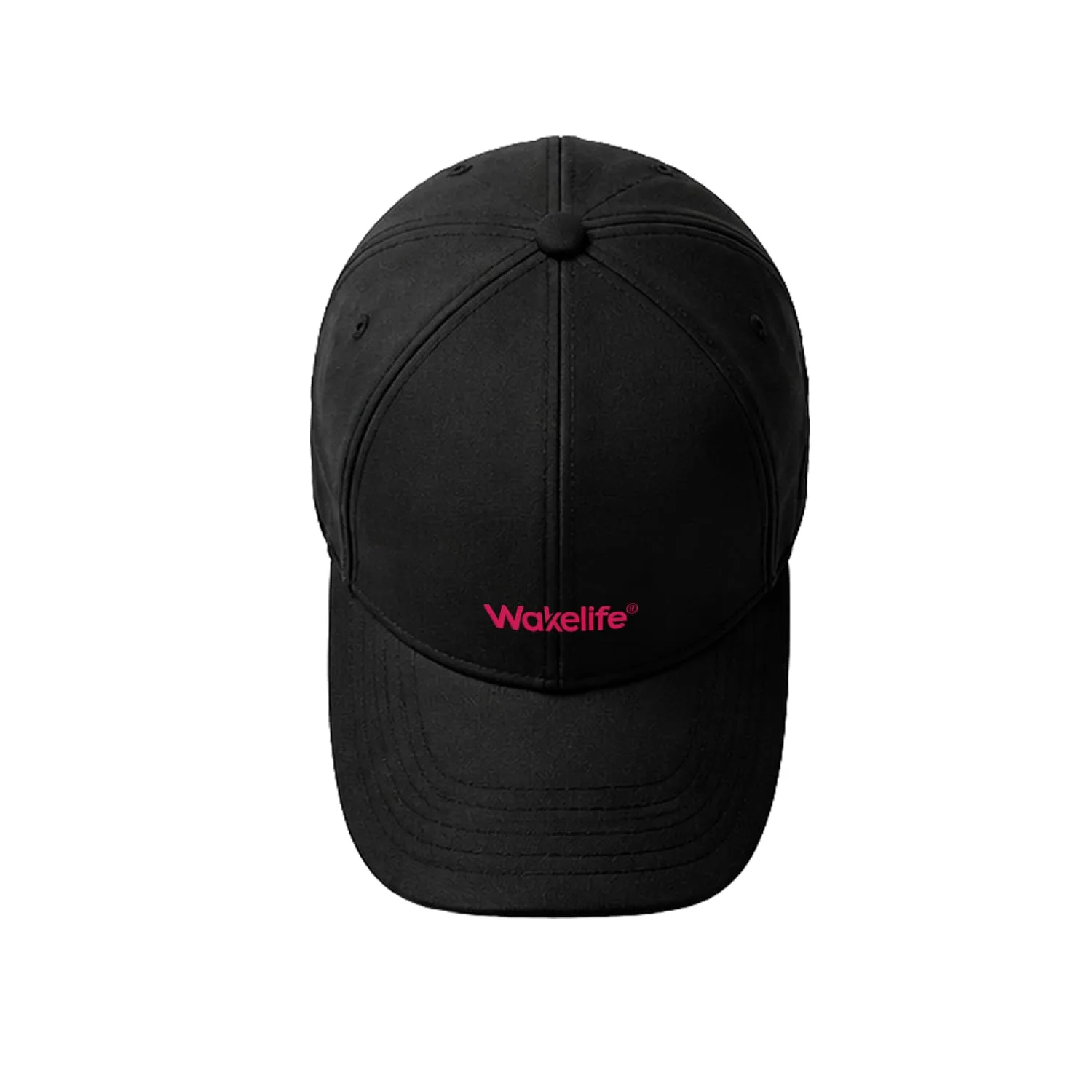 Wakelife C01 LED hair growth cap in black, front view with branded logo