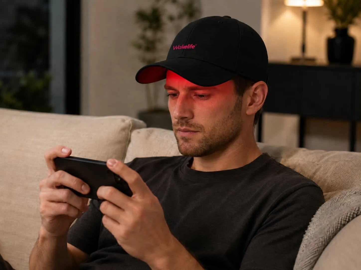 Man wearing Wakelife C01 LED hair growth cap during an at-home scalp care routine
