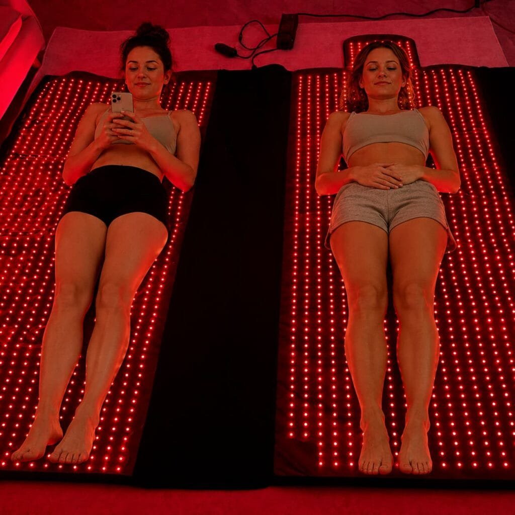 Two women using full-body red light therapy mats in a wellness setting
