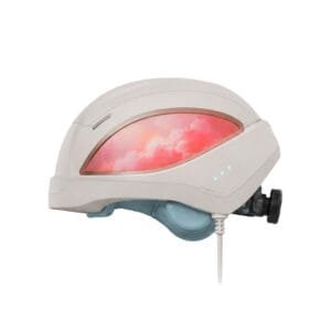 Vista lateral izquierda del casco para el crecimiento del cabello VCSEL Wakelife T01 de 655 nm con sección de luz iluminada