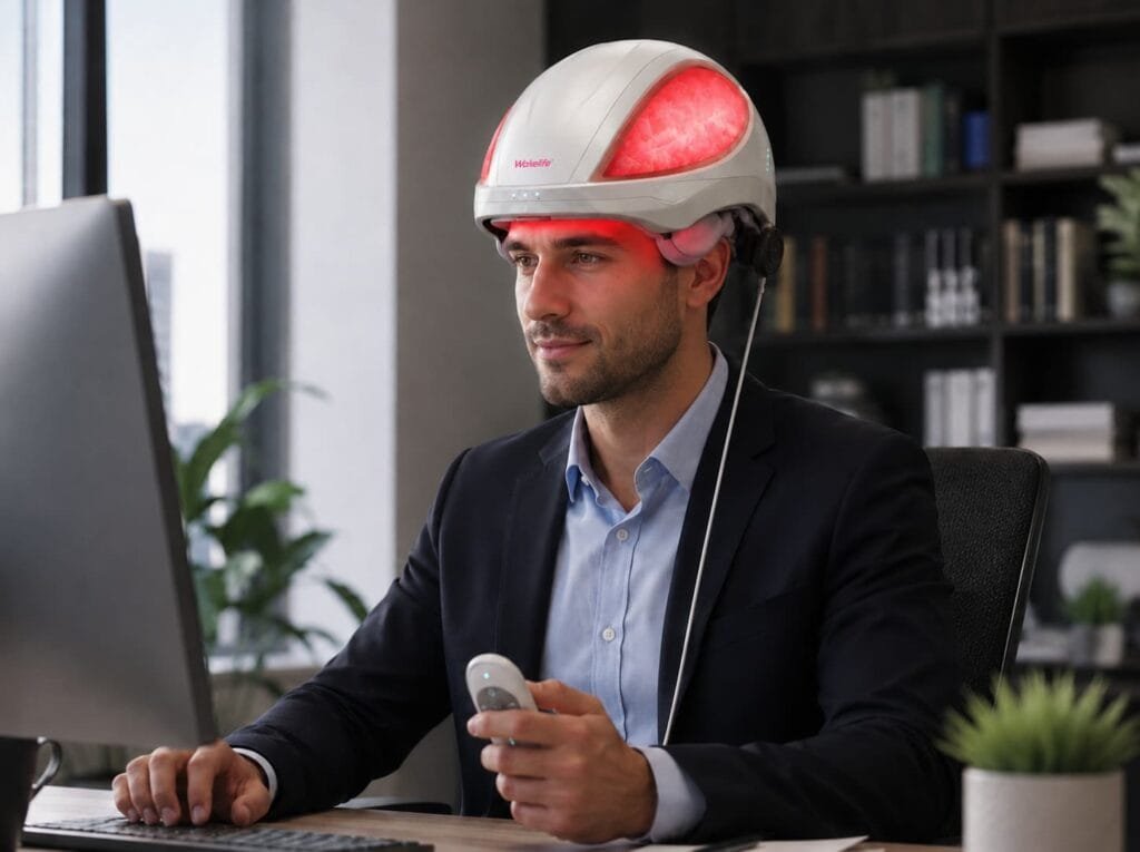 Man wearing Wakelife T01 VCSEL hair growth helmet during an office scalp care routine