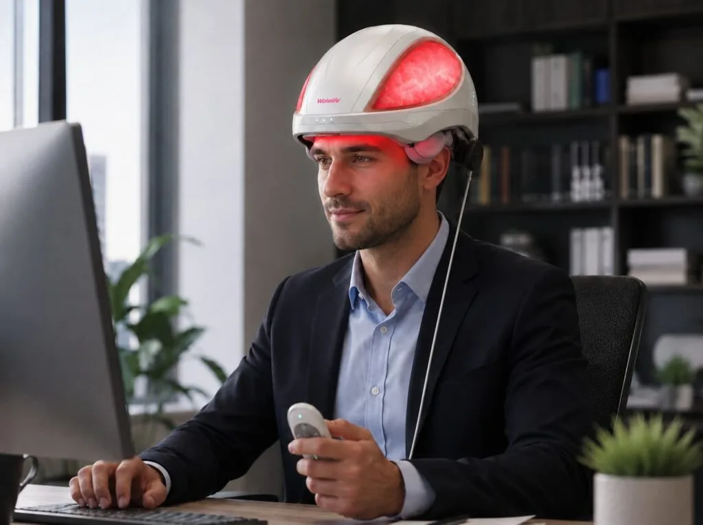 Homem usando capacete de crescimento capilar Wakelife T01 VCSEL durante uma rotina de cuidados com o couro cabeludo no escritório