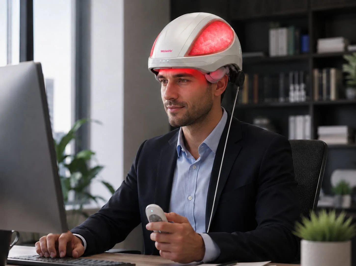 Man wearing Wakelife T01 VCSEL hair growth helmet during an office scalp care routine