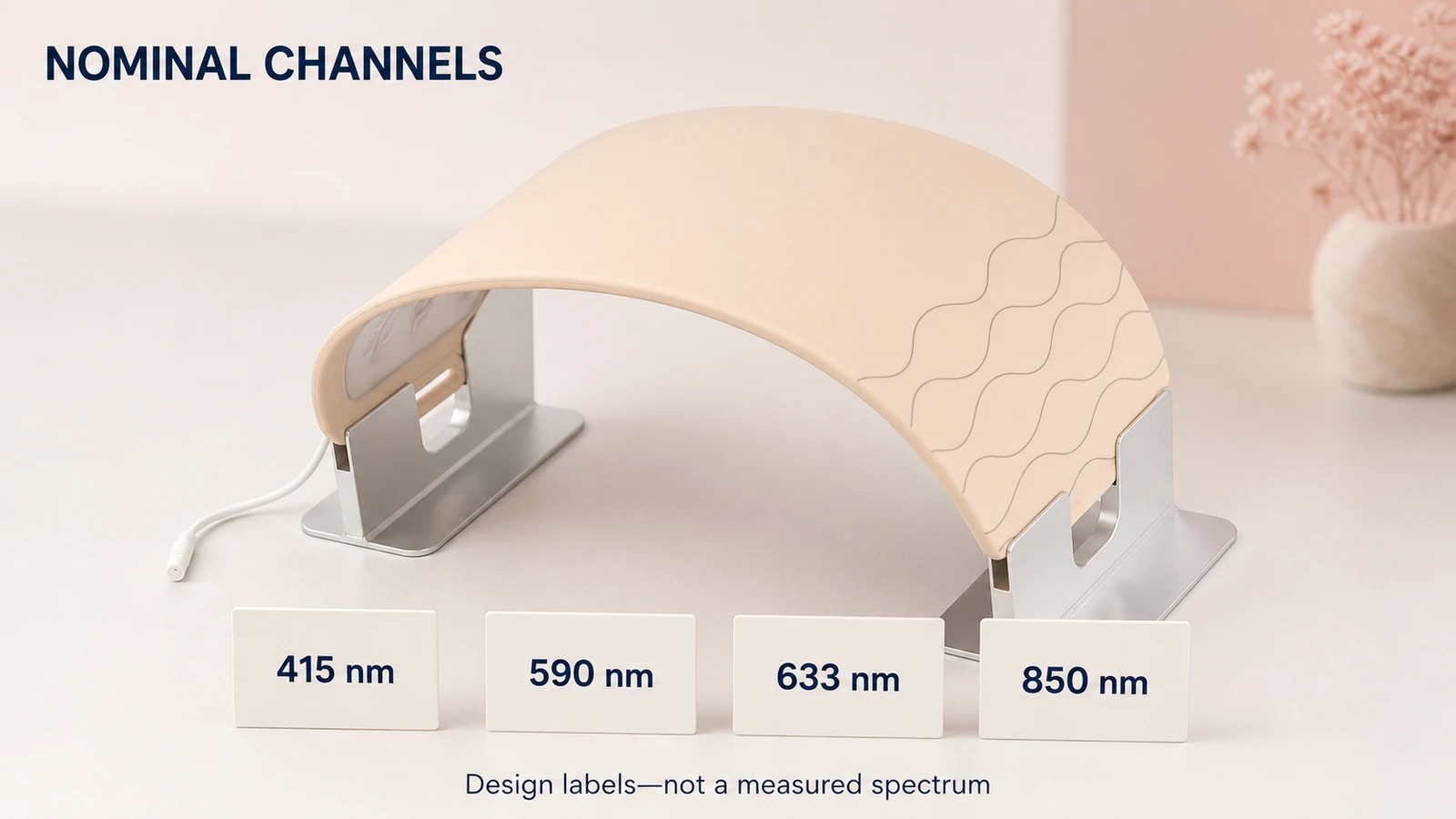 Reference-guided rendering of an unpowered Wakelife G240 beside four nominal channel labels: 415, 590, 633 E 850 nm