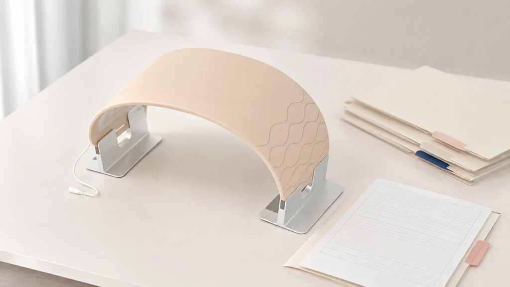 Reference-guided rendering of an unpowered Wakelife G240 flexible LED sample beside blank review documents