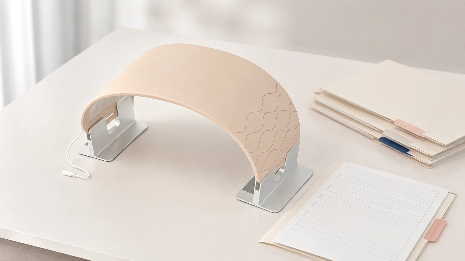 Reference-guided rendering of an unpowered Wakelife G240 flexible LED sample beside blank review documents